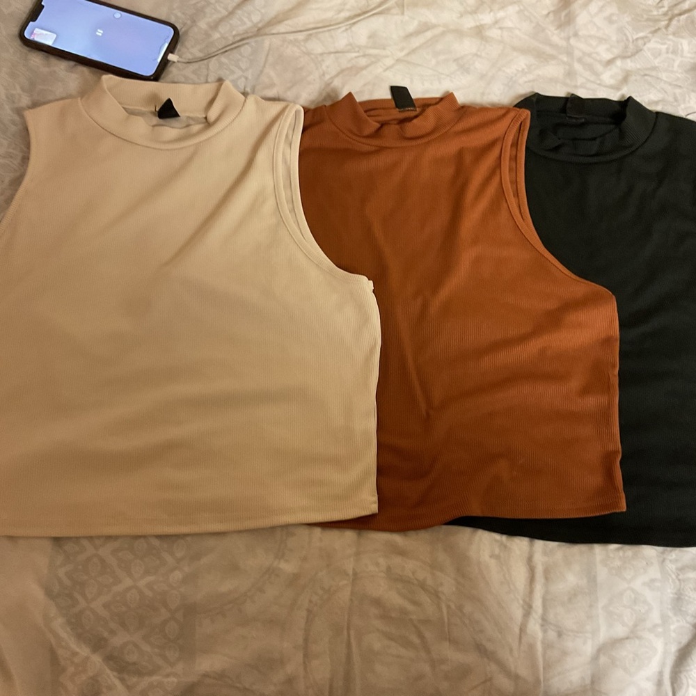 Sleeveless Mock Neck Tops - Cream, Brown, Black